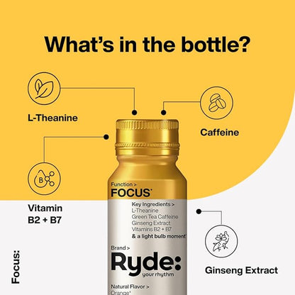 RYDE: Discovery Pack | Energize, Focus & Relax Shots | Green Tea Caffeine, Taurine, Ginseng, B Vitamins, L-Theanine, Lemon Balm, Chamomile | 0 Calories, 0 Sugar | Variety Pack – Try Them All (6 Pack)