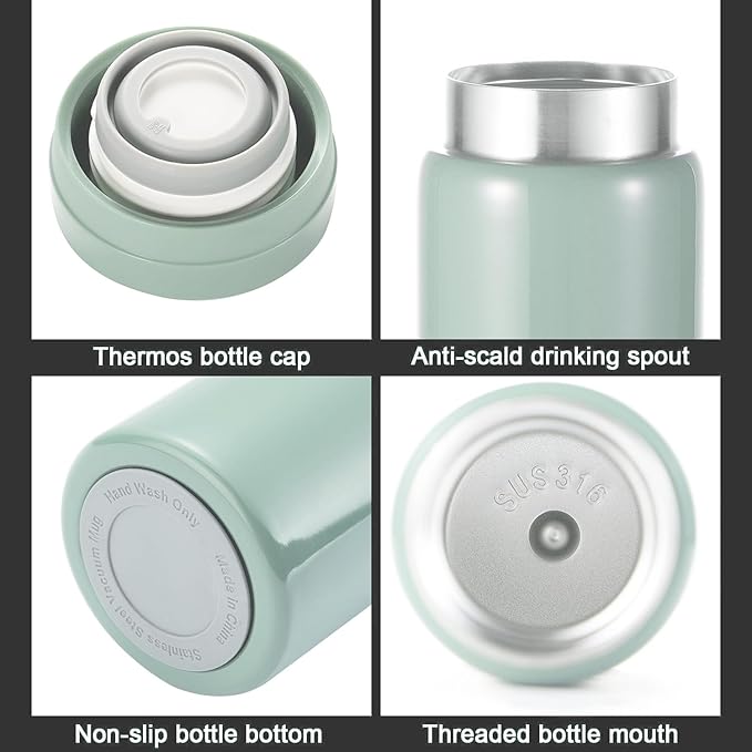 10oz Mini Water Bottle Stainless Steel Thermos Small Flask - Insulated Vacuum, Leak Proof, Keeps Drinks Hot/Cold - Ideal for Coffee, Tea, Water - Light green