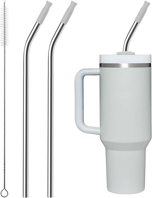 Repeatable Metal Straw with Silicone Tips for 40 oz Stanley Tumbler, 2 Pcs 40 oz Stainless Steel Straws Replacement for Stanley Tumbler, 1 Straw Brush, BPA Free（Light Gray）