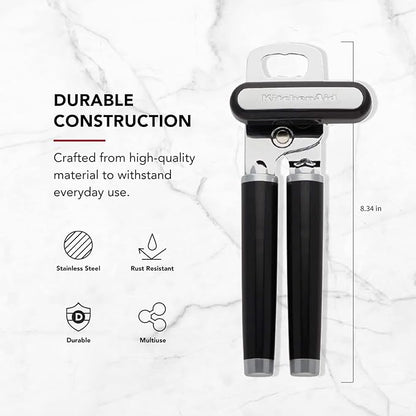 KitchenAid Classic Multifunction Can Opener and Bottle Opener Easy to Use, Razor Sharp Stainless Steel Cutting Wheel, Soft Ergonomic Handles, Black