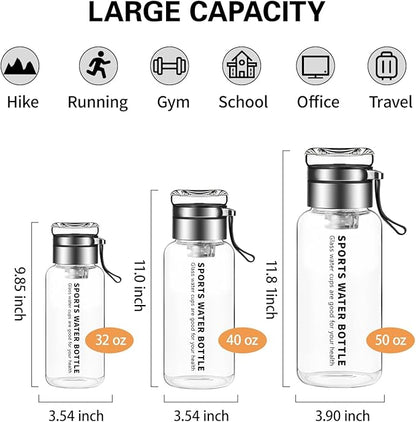 40 oz Glass Water Bottles - Large, Clear, Borosilicate Glass Water Bottle with Stainless Tea Infuser - Cup-Function Lid, Neoprene Sleeve, Strap - Wide Mouth BPA free, for Tea, Beverages, Juice