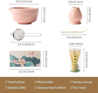 Matcha Set, Matcha Whisk Set Includes Matcha Bowl with Spout, Bamboo Whisk, Matcha Whisk Holder, Sifter, Scoop, Spoon Holder, Tea Towel- 7pcs Perfect Matcha Kit for Matcha Tea Ceremony (Pink)