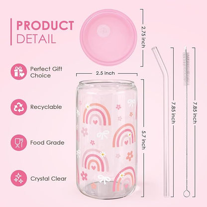 Rainbow 16oz Can Glass Tumbler with Acrylic Lid & Straw, Iced Coffee Cup for Women Girls, Aesthetic Cups Gifts for Birthday Christmas