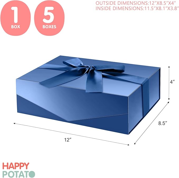 HAPPY POTATO 5 Large Gift Boxes withLid and Ribbon 11.5x8.1x3.8 Inches, Groomsmen Proposal Boxes, Magnetic Blue Gift Boxes for Presents (Glossy Blue, Pack of 5)