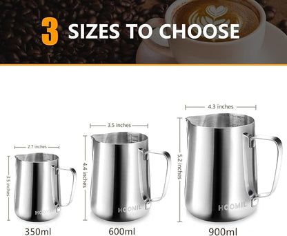 HOOMIL Milk Frothing Pitcher, 12oz/350ml Stainless Steel Steaming Pitcher Barista Milk Frother Cup Jug for Espresso Machine Coffee Cappuccino Latte Art - Silver