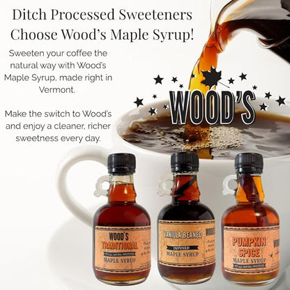 WOOD'S Vanilla Beaned Maple Syrup – Infused Vermont Maple Syrup with Real Vanilla Bean Pod | Smooth, Rich, All-Natural & Vegan Sweetener | Perfect for Breakfast, Baking, Seafood, Popcorn & More | 8.45 Fl Oz (250mL)