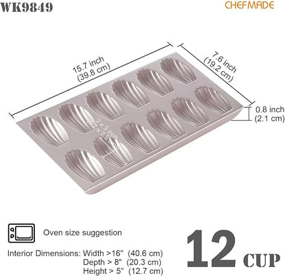 CHEFMADE Madeleine Mold Cake Pan, 12-Cavity Non-Stick Oval Shell Madeline Bakeware for Oven Baking (Champagne Gold)