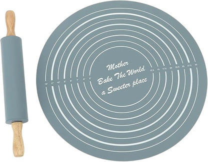 Large Silicone Rolling Pin Pastry Baking Mat Set for Kitchen (Grey)