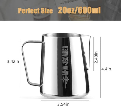 MHW-3BOMBER Milk Frothing Pitcher, 20oz/600ml Milk Frother Cup for Barista, SUS304 Stainless Steel Espresso Steaming Pitchers for Milk/Coffee/Latte Art, P3004S-OS