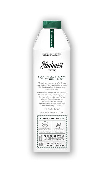 Elmhurst 1925 Pistachio Milk Unsweetened - 32 Ounce (Pack of 6) Dairy-Free, Gluten-Free, Vegan, Kosher, Shelf Stable Milk Made with Water & Pistachios for Healthier, Simpler Plant-Based Alternatives