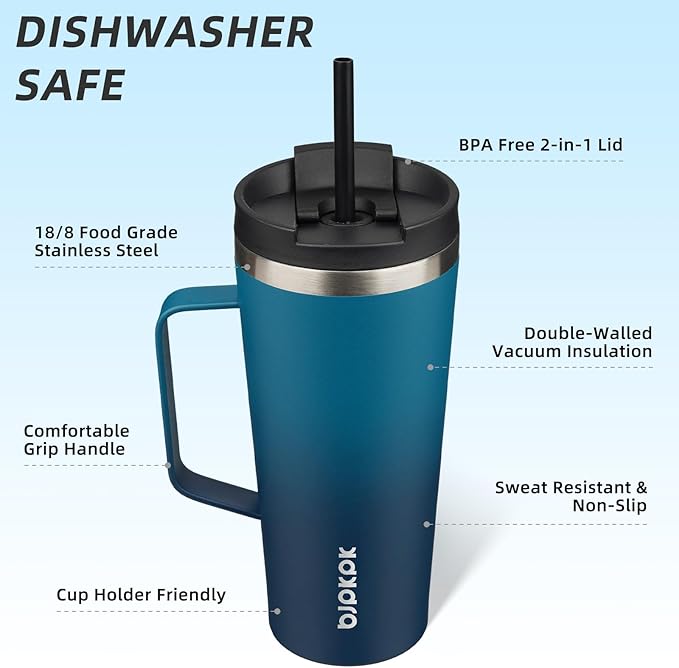 BJPKPK Insulated Tumbler with Handle, 22oz Insulated Tumblers with Lid and Straw, Stainless Steel Metal Water Bottles, Coffee Travel Mugs, Cups, Sea