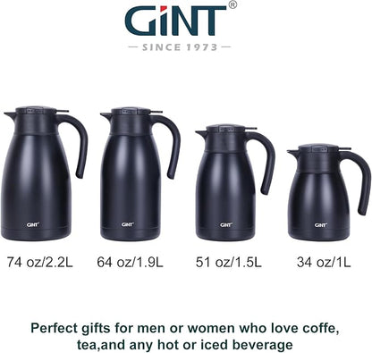 GiNT 2.2L / 74Oz Thermal Coffee Carafe, Insulated Stainless Steel Coffee Carafes for Keeping Hot/Double Walled Vacuum Thermal Carafe (Black)