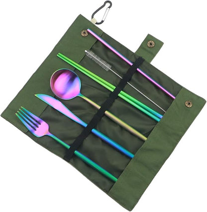 Gugrida Reusable Travel Utensils, 7 Piece Portable 304 Stainless Steel including Knife Fork Spoon Chopsticks Cleaning Brush Straws Portable Pouch, Eco-friendly Camping Silverware Set, Dishwasher Safe