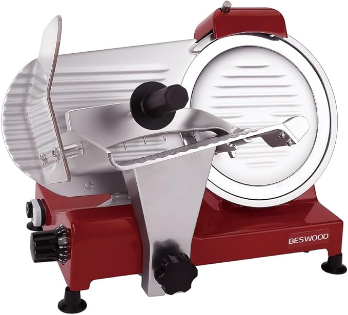 10" Premium Chromium-plated Steel Blade Electric Deli Meat Cheese Food Slicer with Serving Plate Commercial and for Home use 240W Classic Red