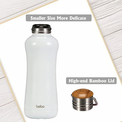 YOHKOH Mini Insulated Water Bottle With Bamboo Lid - 11.8oz Small Vacuum Insulated Water Bottle for Women Kids, 12 Hrs Hot & 24 Hrs Cold Stainless Steel Thermos Leak-Proof BPA-Free (11.8oz,White)