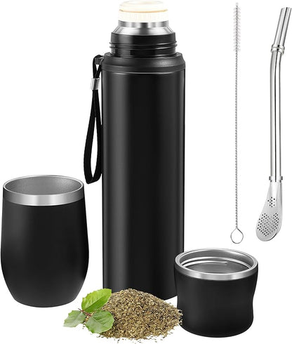 Dandat 2-Piece Yerba Mate Cup and Vacuum Bottle Kit - 12 oz Yerba Mate Gourd Cup with Bombilla Set and 34 oz Insulated Water Bottle - Black