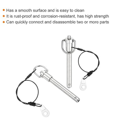 uxcell 1 Pcs Quick Release Pin, 3/8" x 2.52"(Dia. x L) Push-Button Ball Locking Pin 304 Stainless Steel Ring Handle Locking Pin with Wire for Audio Bimini Top Marine, Silver