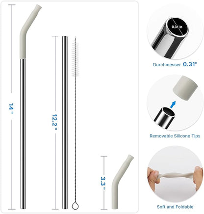 Metal Straw with Silicone Tip for 40oz Stanley Cup, 2 Pcs Stainless Steel Straws Replacement for Stanley 40 oz Adventure Quencher Travel Tumbler Cup, 1 Straw Brush (Cream Grey)