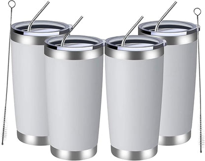 MEWAY 20oz Tumbler 4 Pack Double Wall Vacuum Insulated Travel Mug Bulk, Stainless Steel Tumblers with Lid and Straw, Durable Powder Coated Coffee Cups for Cold & Hot Drinks (White, 4)