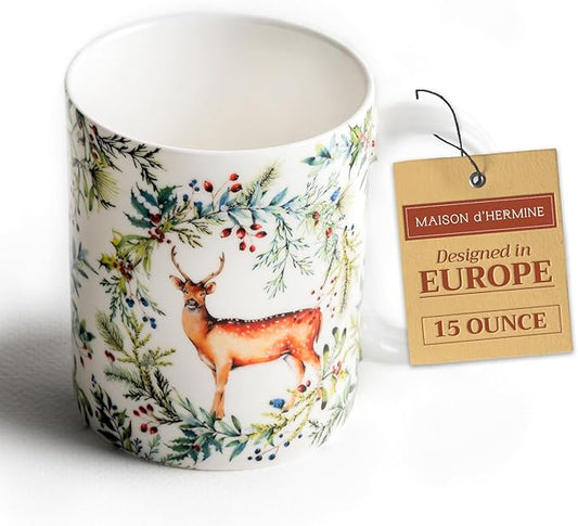 Maison d' Hermine Coffee Mug with Handles Fine Bone China Mugs Pack of One Tea Cups for Hot Beverages Cappuccino Latte Home Restaurant Office Perfect for Gift (Holly Time - Biche, 15 Ounce)