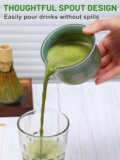 MADHOLLY Matcha Whisk Set with Tray - Matcha Bowl with Spout, Whisk and Holder, Bamboo Scoop, Japanese Matcha Kit Tea Ceremony Gift for Matcha Lovers