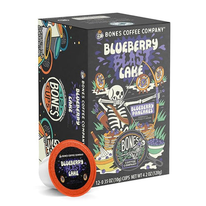 Bones Coffee Company Blueberry Blast Cake, Blueberry Pancake Flavored Coffee Pods, Low Acid Medium Roast Single-Serve Bones Cups, For 1.0 & 2.0 K-Cups Brewers Coffee Maker, 12 Count