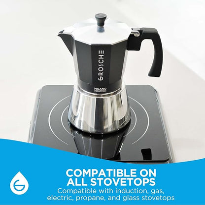 GROSCHE Milano Induction Stovetop Espresso Maker Moka Pot for Greca, Induction, Electric & Gas Stoves, Dishwasher Safe Stovetop Espresso Maker | 6 Espresso Cup, Black