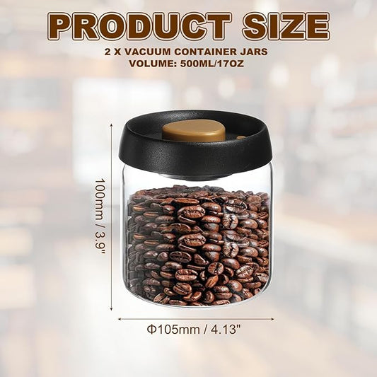 uxcell 2pcs Coffee Vacuum Container, 500ml/17oz Glass Coffee Bean Storage Container with Lids for Spices Biscuits Loose Leaf Tea, Black Gold