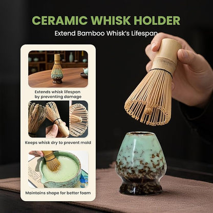 Matcha Whisk Set, Ceramic Matcha Set Includes Matcha Bowl, Whisk & Holder, Scoop, Sifter, Spoon, Scoop Rest, Tea Mat, Hand Book - 9 Pcs Kit for Matcha Lovers (Green)