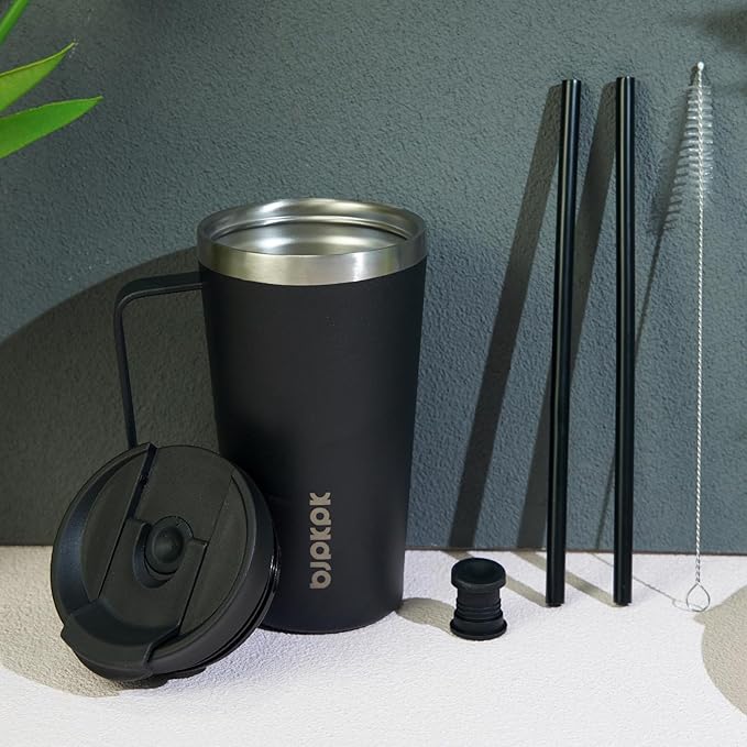 BJPKPK Insulated Tumbler with Handle, 22oz Insulated Tumblers with Lid and Straw, Stainless Steel Metal Water Bottles, Coffee Travel Mugs, Cups, Black