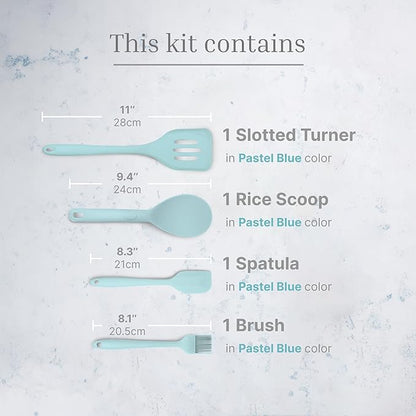 Silicone Utensils 4-Piece Set – Rubber Spatula, Pastry Brush, Slotted Turner, and Rice Paddle – Complete Heat-Resistant Set for Non-Stick Cookware – Kitchen Tools for Cooking and Baking – Pastel Blue