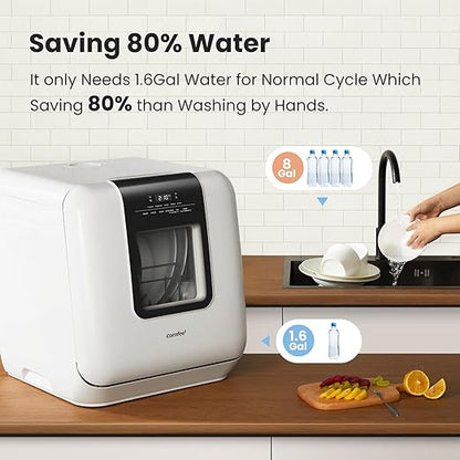 COMFEE' Countertop Dishwasher, Portable Dishwasher with 6L Built-in Water Tank, Mini Dishwasher with More Space Inside, 7 Programs, UV Hygiene& Auto Door Open, for Apartments, Dorms& RVs, White