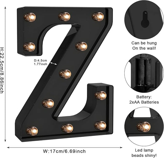 Foaky Black LED Letter Lights for Room Decor - Bedroom Wall Decor, Alphabet Lights for Home, Wedding, Party - Battery Operated （Z）