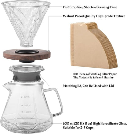 Pour Over Coffee Maker Set – Drip Coffee Pot with Walnut Handle, Glass Coffee Dripper & 100 Filters, 20oz/600ml Capacity