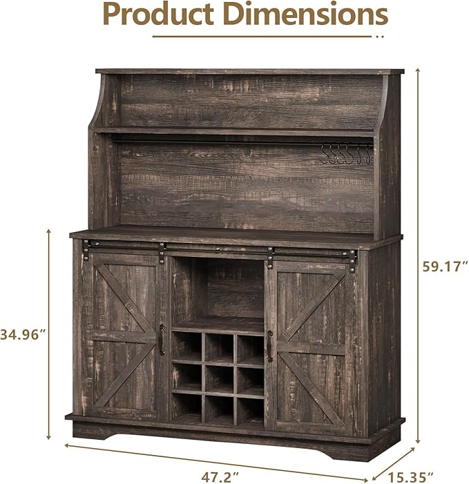 47 Inch Farmhouse Coffee Bar Cabinet with 3-Tier Storage, Kitchen Hutch with 9 Wine Racks & 3 Glass Holders, Coffee Bar with 6 Hooks, Wine Bar Cabinet for Dining Living Room, Rustic Oak