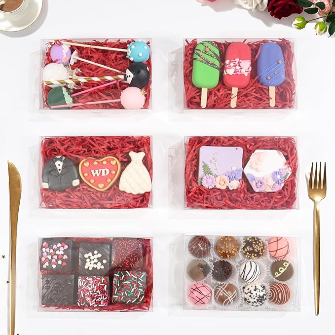 RomanticBaking 15PCS 7x4.3x1.5 Inch Clear Chocolate Covered Ore Boxes Cookie Boxes with Window Bakery Boxes for Cakesickle,Truffle, Bomb Dount,Cake &Gift Treat Boxes for Party Favors