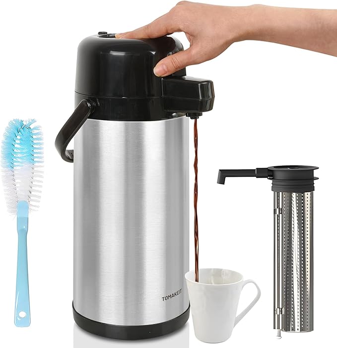 Airpot Coffee Dispenser with Pump,102 OZ/ 3L Large Coffee Dispenser with Tea Filter for Party Hot Drinks Water Tea Chocolate Hot/Cold Water, Insulated Stainless Steel Thermal Carafes