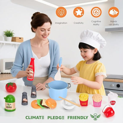 130Pcs Kitchen Playset, Toddler Pretend Cooking Play Pots, Pans, Utensils Cookware, Daily Food Fruit Veges, Shopping Storage Basket, Dessert, Prop Money, Learning Gift for Child (Blue)
