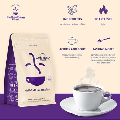 Coffee Bean Direct Half-Caff Colombian, Whole Bean Coffee, Light Roast, 1 Pound Bag (Pack of 1)