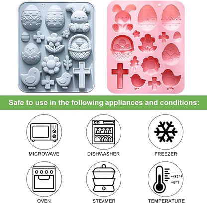 Easter Bunny Egg Chocolate Mold Set - 15-Cavity Silicone Baking Molds with Rabbit & Egg Designs, Food-Grade for Easter Cakes, Spring Party Treats & DIY Crafts - 2 Pack