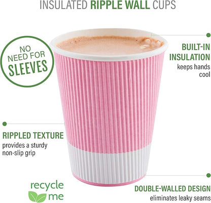 Restaurantware 16 Ounce Ripple Wall Disposable Coffee Cups, 500 Insulated Light Pink Paper Tumblerss for Hot Drinks like Tea and More, Rolled Rim Design, Lids Sold Separately