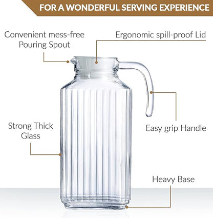 Glass Pitcher with Lid – Set of 2 Glass Water Pitcher 55Oz – Cold Carafe for Ice Tea, Water, Lemonade, Coffee – Elegant and Modern – Practical Spout Pitchers for Drinks