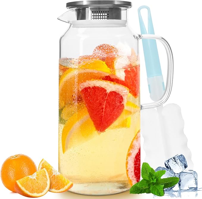 Yirilan Glass Pitcher, 2.3 Liter Water Pitcher with Lid, Beverage Pitchers for Hot, Cold Water, Iced Tea and Juice Drink with Cup Brush