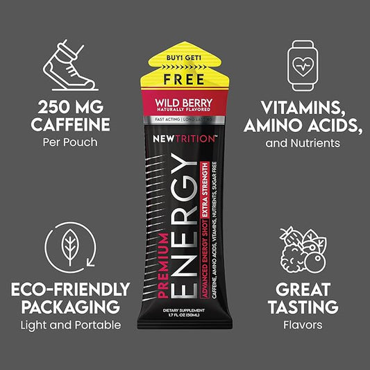 NewTrition® Extra Strength Energy Shots, 250mg Caffeine Energy Shots with Vitamin B & Amino Acids, Sugar-Free Vitamin Energy Shot, 1.7 fl oz (Pack of 12, 4 Flavors-Mixed-1)
