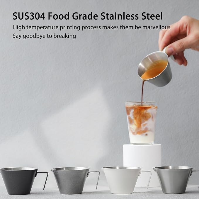 MHW-3BOMBER Espresso Shot Cups with Handle Espresso Measuring Cup Dishwasher Safe 2 Pack Stainless Steel Pouring Cup for Tomato Sauce|Steak Sauce|Dessert|Beverage (Matte Glossy) G6196-OS