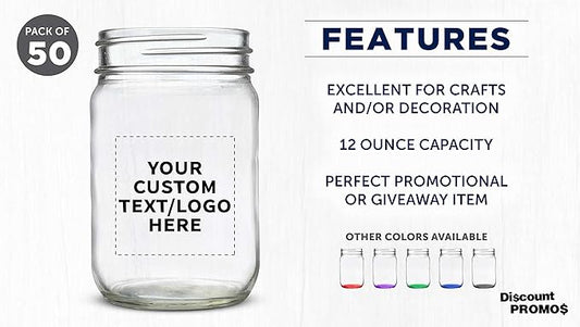 DISCOUNT PROMOS Custom Decorating Mason Jars 12 oz. Set of 50, Personalized Bulk Pack - Glass Jars for Overnight Oats, Candies, Fruits, Pickles, Spices, Beverages - Clear