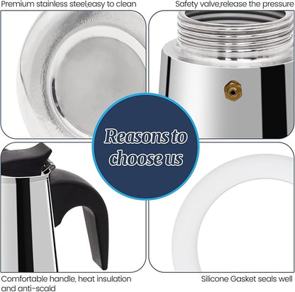 2 Cup Moka Pot Stainless Steel 100ml Italian Espresso Coffee Maker Stovetop Coffee Makers Mocha Pot Percolator Greca Coffee Maker for Induction Stove Portable for Easy Brewing Straight