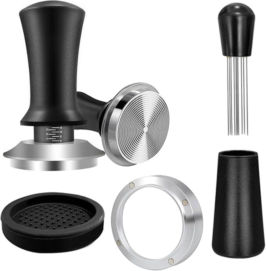 51mm Espresso Accessories Kit, Coffee Espresso Tamper Set, Spring-loaded Tamper, WDT Tool, Dosing Funnel and Silicone Gel Coffee Tamper Mat for Espresso Coffee Machines and 51 mm Portafilters