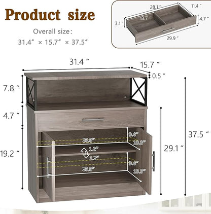 Vongrasig Sideboard Buffet Cabinet with Storage, 32” Modern Kitchen Storage Cabinet with Open Storage, Adjustable Shelf, Wood Farmhouse Coffee Bar Buffet Table for Kitchen, Dining Room, Ash Grey