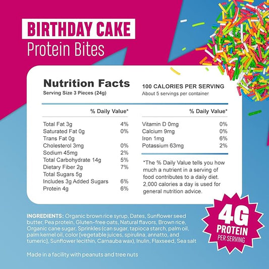 McCaffrey Protein Bites – Birthday Cake Flavor – 6 Multi-Serving 4oz Bags – 4g of Protein per Serving – Gluten-Free, Vegan, High Fiber Energy Snack for Active Families